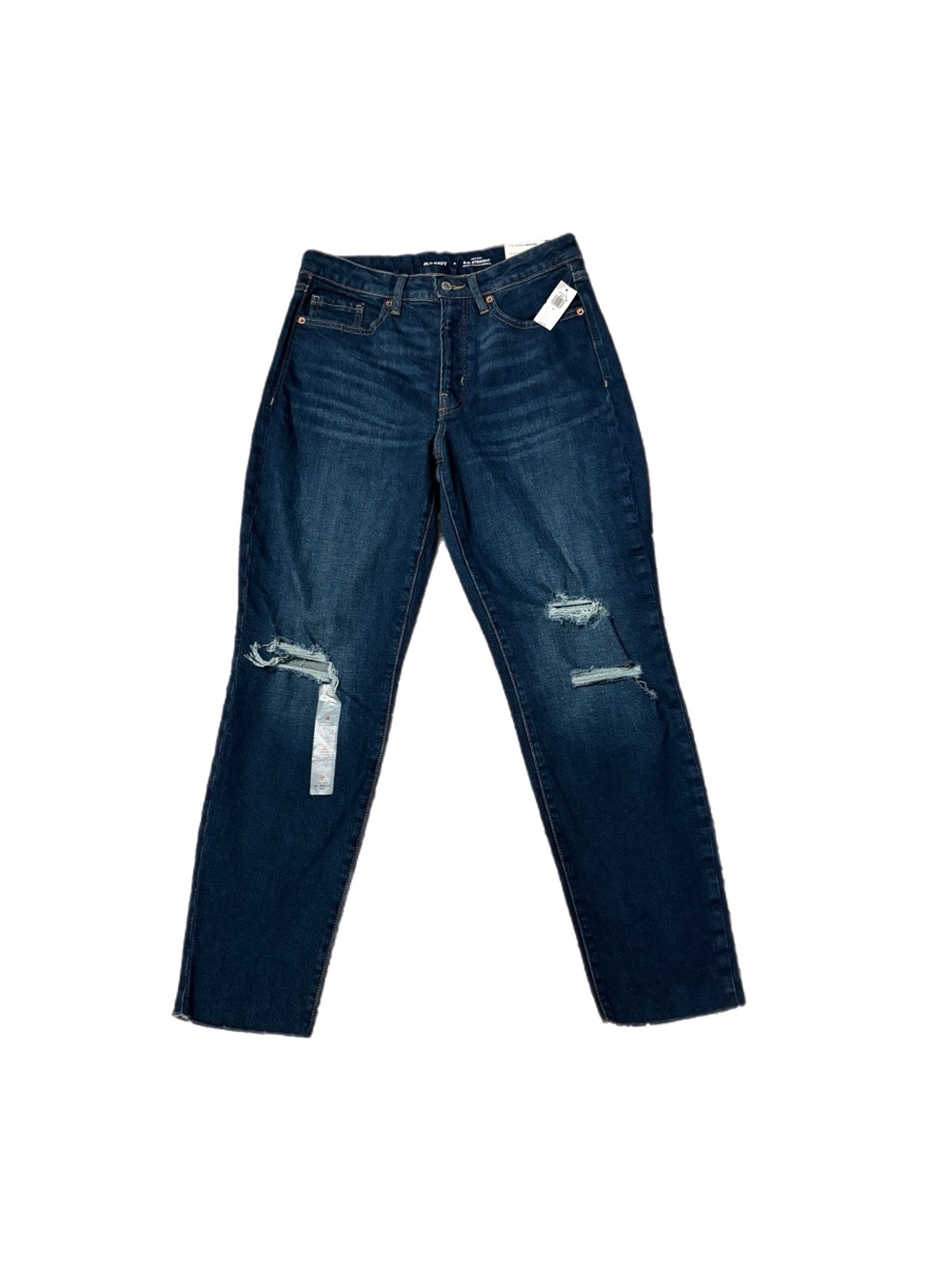 Old Navy OG Straight High Rise Jeans Womens Blue Distressed Raw Hem Button Fly